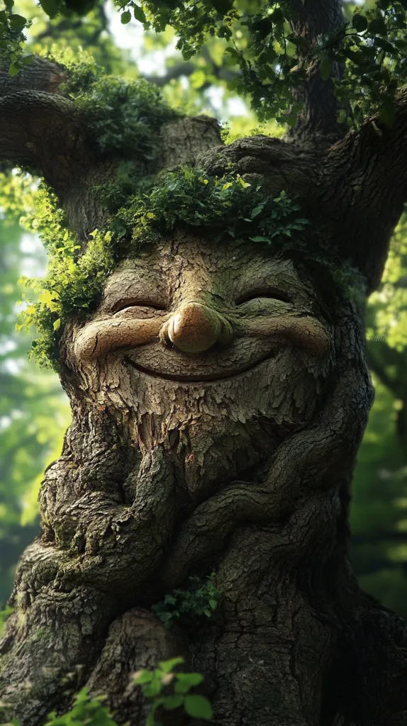 The image shows a close-up of a tree trunk that has been shaped to resemble a smiling face. The tree has a large, round nose and small, closed eyes. It appears to be resting its head on its arms, with its smile turned upward. The trunk is covered in a thick layer of bark and is surrounded by lush green foliage. The tree's face conveys a sense of peace and contentment.