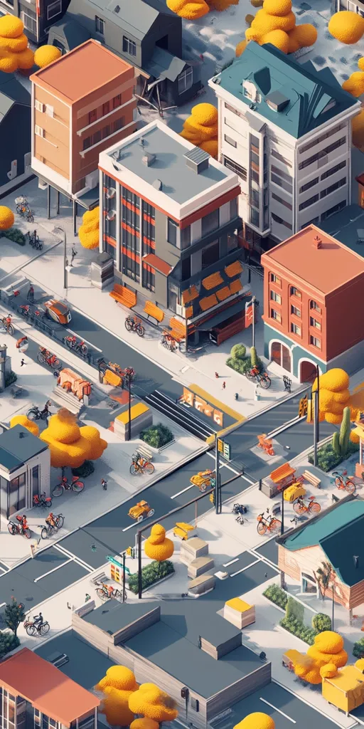 The image is a colorful, isometric depiction of a city block. The scene features a variety of buildings, including a multi-story apartment building, a shop with a striped awning, and a smaller, residential building. There are people walking and riding bikes on the sidewalk, and cars parked on the streets. The buildings are rendered in a simple, cartoonish style with a vibrant color palette.  The overall atmosphere is cheerful and inviting.