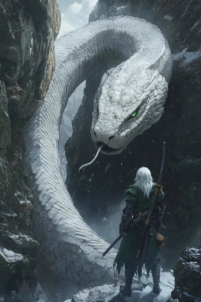 A lone warrior stands facing a colossal, white serpent in a snowy mountain pass. The serpent’s head looms above the warrior, its green eyes glaring. The warrior is armed with a sword, and his face is obscured by his long, white hair. The scene is both majestic and menacing. The warrior’s bravery in the face of this gigantic creature is evident, but the outcome of their encounter remains uncertain.
