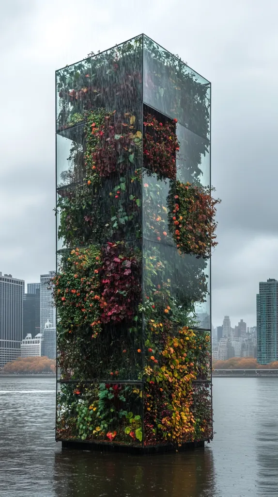 A tall, rectangular glass structure stands in a body of water. The structure is filled with various plants, including green vines, red leaves, and yellow flowers. The plants are lush and vibrant, creating a beautiful contrast against the gray, rainy sky. In the background, a cityscape can be seen across the water, with tall buildings reaching up towards the clouds. The overall image evokes a sense of tranquility and harmony between nature and the built environment.