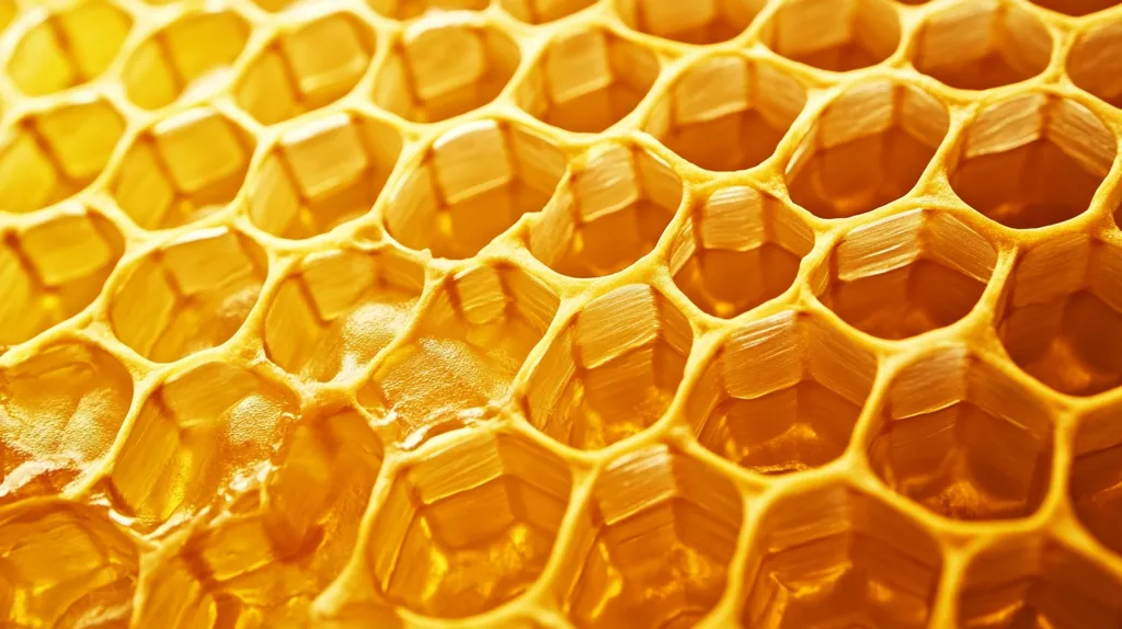 The image is a close-up of a honeycomb. The hexagonal cells are made of beeswax and are golden yellow in color. The cells are filled with honey, which gives the honeycomb a glistening appearance. The image is a beautiful representation of the intricate and natural design of a honeycomb.