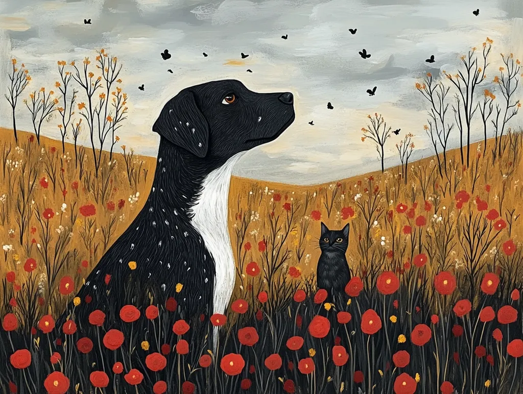 A black and white spotted dog with a white chest stands in a field of red poppies, looking up at the sky.  A black cat sits in the field, looking to the right of the frame.  The sky is grey and cloudy, with many black birds flying around.  The field is full of small plants and flowers.  The painting is done in a simple style, with bold colors and outlines.  The overall mood is peaceful and serene.