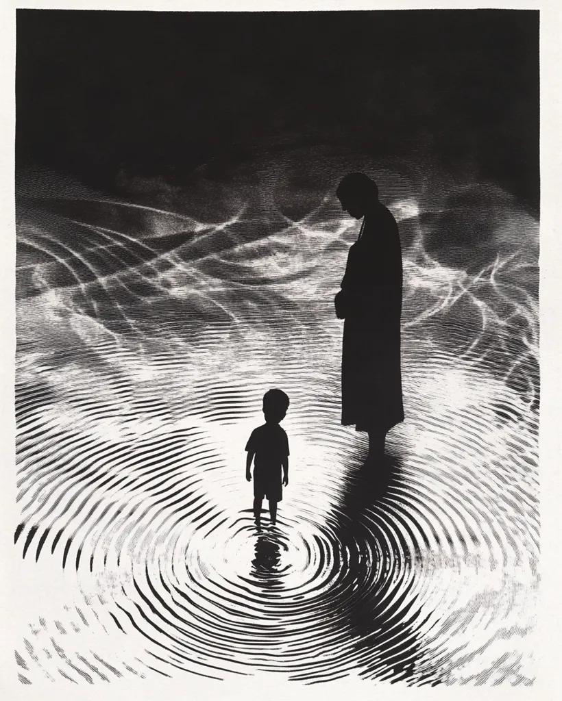 A black and white image depicts two figures in silhouette. A child stands in the center of a pool of water, surrounded by concentric ripples. A larger figure, possibly a parent, stands behind the child, looking down. The scene is evocative of the passing of time, with the child representing the present and the larger figure representing the past. The rippling water suggests the flow of time and the interconnectedness of life. The dark background adds to the mysterious and contemplative mood.