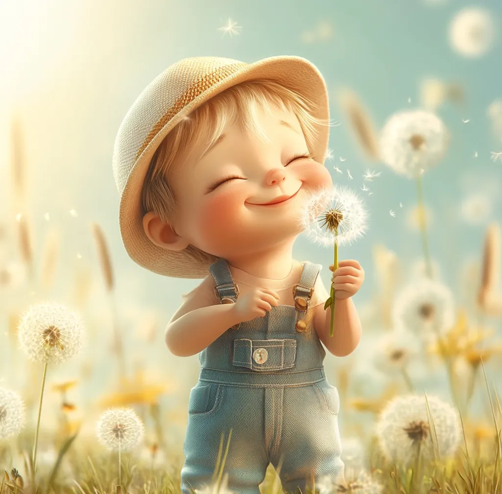 A cheerful cartoon child wearing a straw hat and denim overalls smiles brightly as they blow on a dandelion, sending its seeds scattering in the wind. The child stands in a field of dandelions, bathed in warm sunlight. The scene exudes joy and the carefree spirit of childhood.