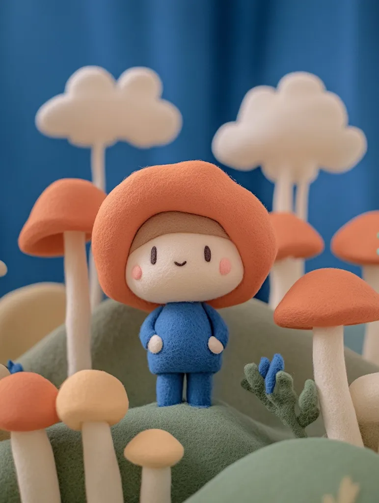 A small, plush, blue-clad figure stands in a whimsical landscape, with a large orange mushroom hat. The figure is surrounded by other mushrooms, some with white stems, others with orange caps. White clouds and a blue background complete the scene, creating a sense of playful wonder.