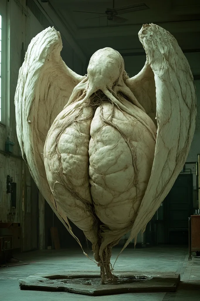 The image shows a monstrous sculpture with a fleshy, bulbous body and large, feather-like wings. The sculpture is made of a light-colored material that resembles skin or flesh, and it is covered in intricate details that suggest veins and muscle fibers. The sculpture is standing on a circular platform in a large, industrial space. The image evokes a sense of both beauty and horror, with the creature's grotesque form juxtaposed with the delicate nature of its wings. The sculpture appears to be suspended between realms, and it invites the viewer to contemplate the nature of beauty, monstrosity, and the boundaries between them.