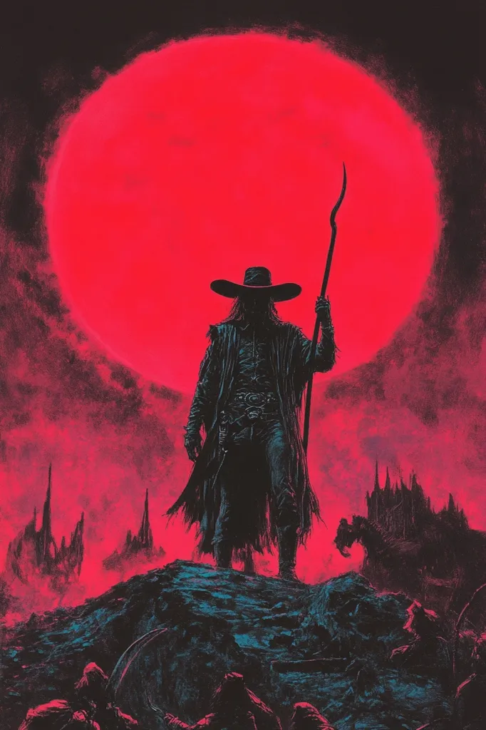 A lone figure, clad in a long coat and a wide-brimmed hat, stands silhouetted against a massive, blood-red moon. He holds a long, slender weapon in his right hand, pointing upwards. The figure is perched on a rocky outcrop, with a shadowy city in the background, bathed in the ominous glow of the moon.  The image evokes a sense of mystery and impending danger.