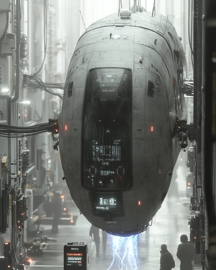 A futuristic, egg-shaped spacecraft hangs in the air, suspended by wires and emitting electric bolts. The craft is made of grey metal with a large black window displaying digital information. The scene is set in a narrow, industrial corridor with blurred figures in the background. The overall atmosphere is cold and metallic.