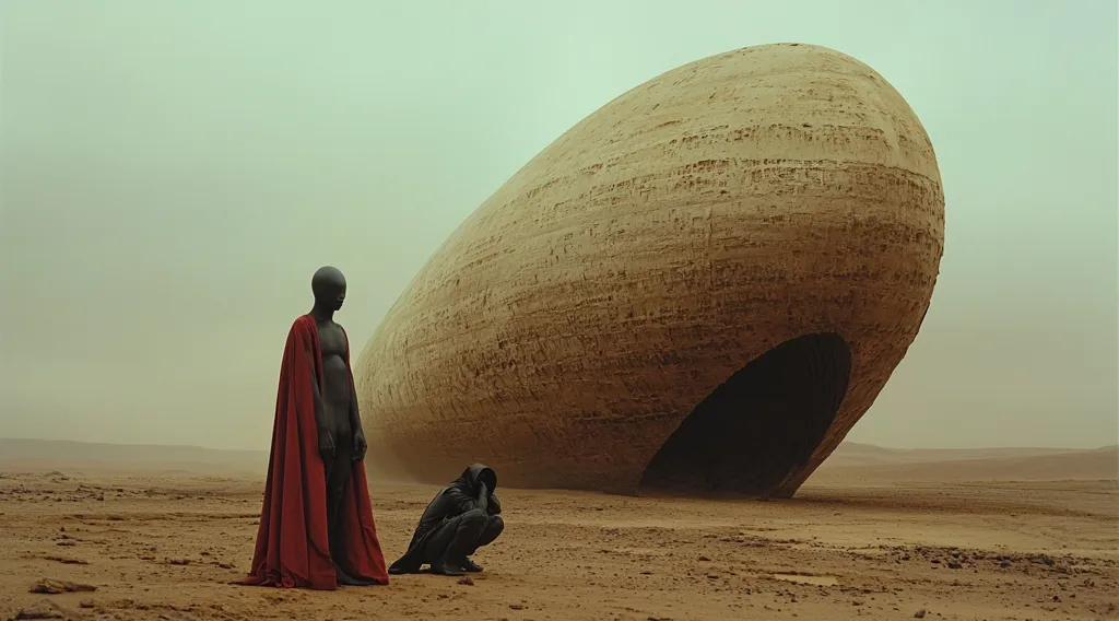 The image depicts a desolate, sandy landscape with a large, dome-shaped structure in the center. A figure, draped in a flowing red cloak, stands in the foreground, while another figure, cloaked in black, crouches nearby. The sky is overcast and the overall atmosphere is one of solitude and mystery.  The scene evokes a sense of isolation and the unknown.