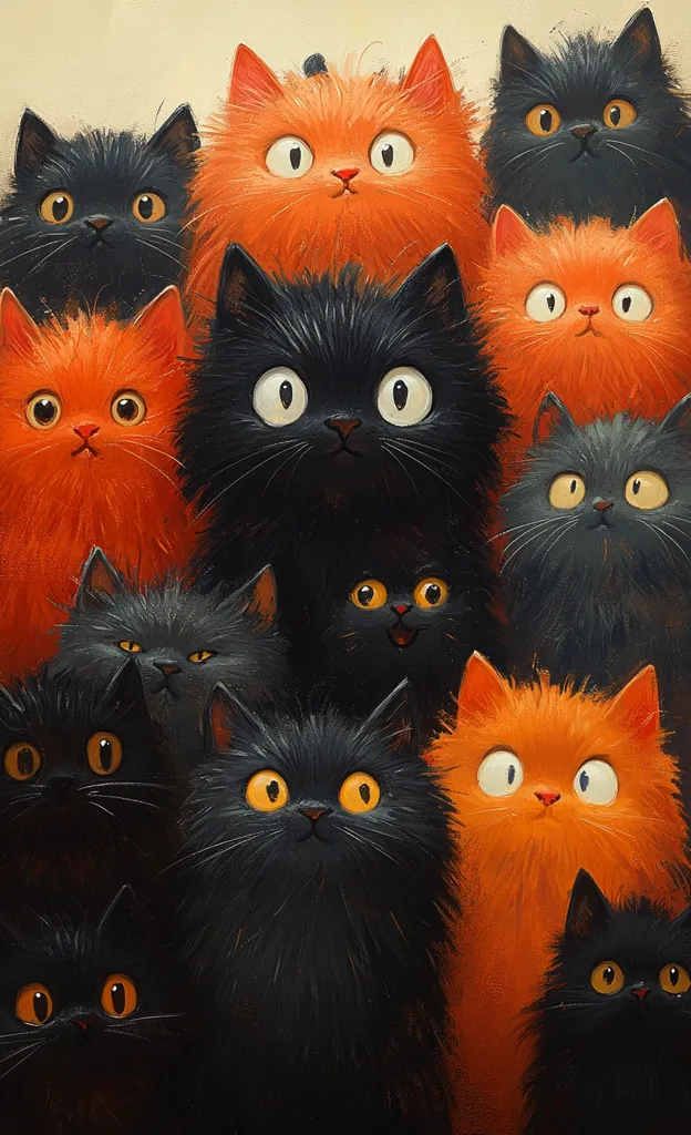 A large group of cats, mostly black and orange, are gathered together, their fluffy fur and big, round eyes making them appear both comical and endearing. They stare directly at the viewer, their expressions a mix of curiosity and amusement, creating a playful and slightly mischievous atmosphere. The painting's loose brushstrokes and warm colors add to its charm.
