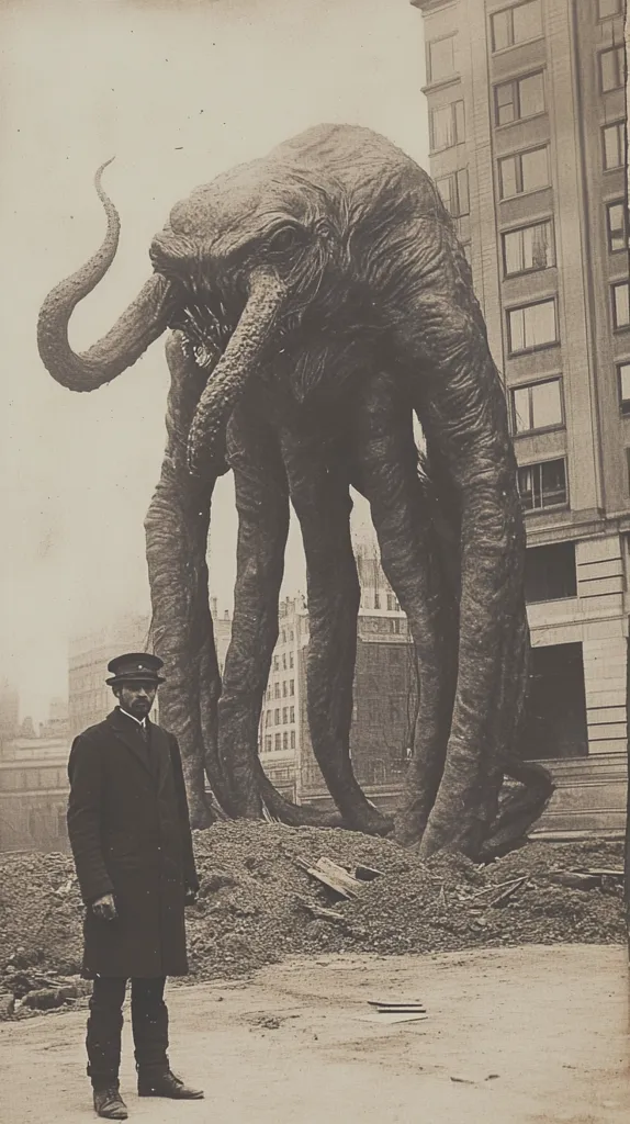 A black and white photo of a monstrous creature with a long trunk and multiple legs, standing in front of a tall building. A man in a suit stands in the foreground, dwarfed by the creature's size, looking up in awe. The creature's textured skin and long, spindly legs create an unsettling and awe-inspiring image. The photo seems to be a depiction of a fictional creature in a city setting.