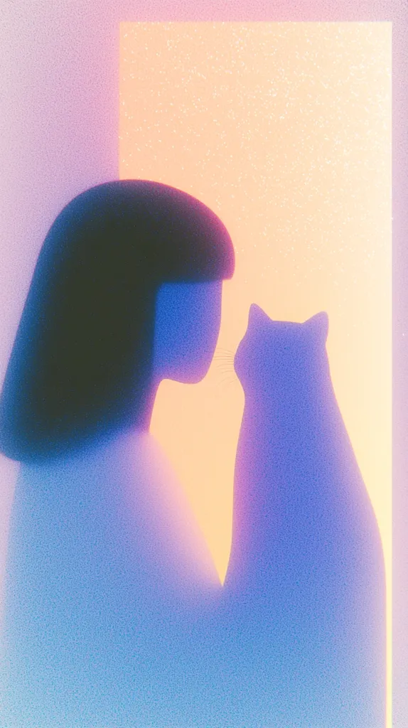 The image depicts a silhouette of a person and a cat. The person has long, dark hair and is turned slightly away from the viewer. The cat is looking directly at the viewer and is positioned to the right of the person. The background is a soft, faded gradient of pink and yellow. The overall tone of the image is soft and dreamy.