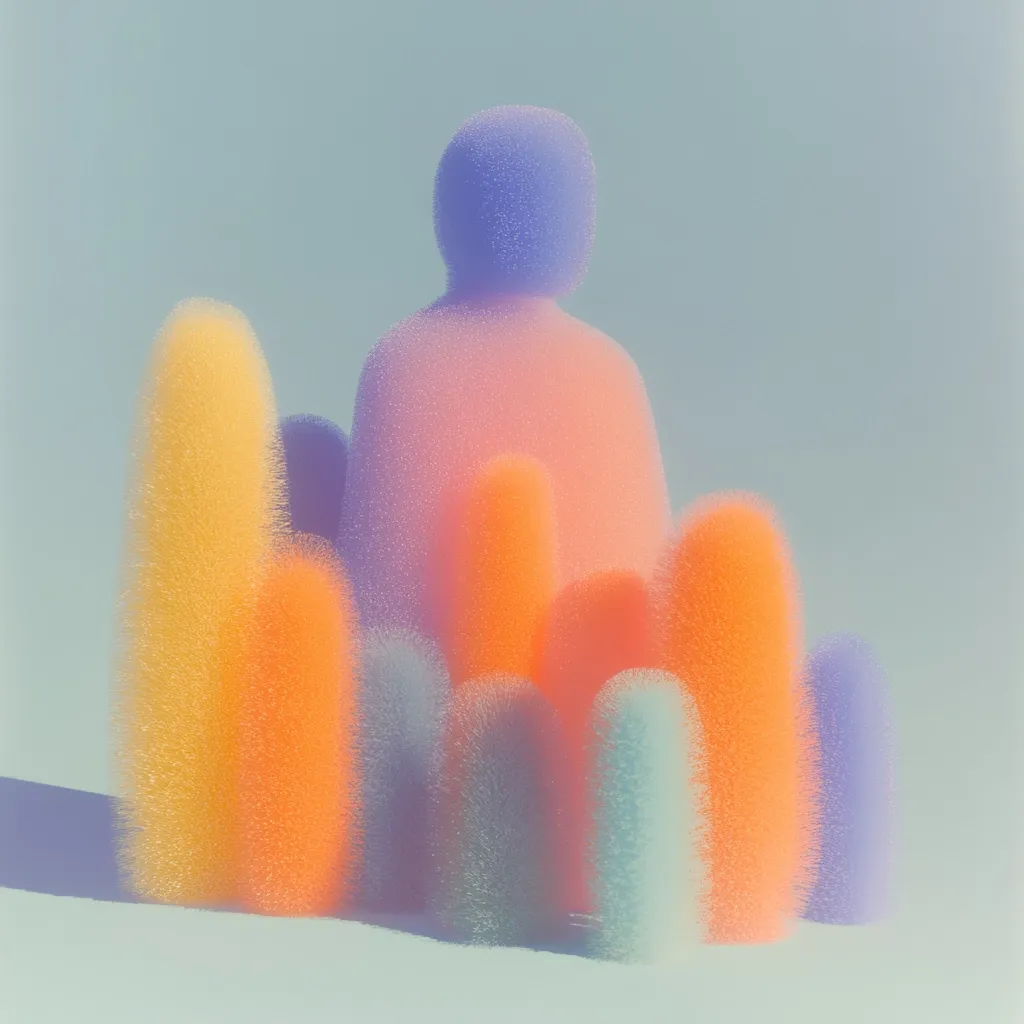 The image features a group of fuzzy, colorful shapes against a soft blue background. A large, pink and blue shape, resembling a person, stands in the center, surrounded by smaller shapes in various shades of yellow, orange, and blue. The shapes create a sense of abstract playfulness and whimsy. The texture of the shapes, reminiscent of soft fur, adds a tactile element to the image. The overall mood is lighthearted and inviting.