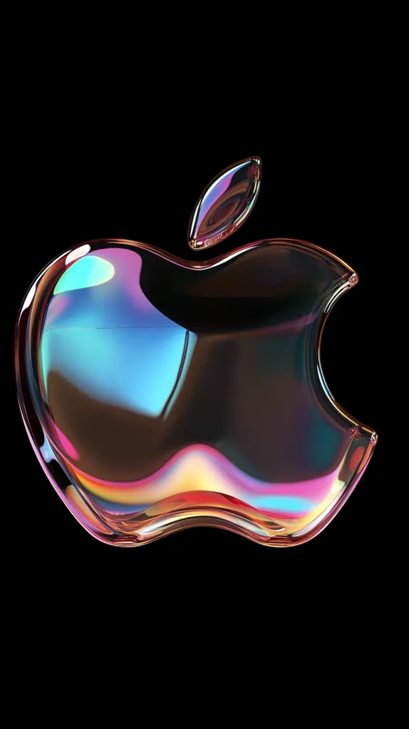 The image depicts a stylized, three-dimensional rendition of the Apple logo. The iconic apple shape is rendered in a glossy, iridescent material, creating a shimmering effect. The colors shift from blue to pink to gold, reflecting light and creating a sense of depth and movement. The logo is isolated on a black background, highlighting the vibrant details and emphasizing its symbolic representation of the Apple brand.