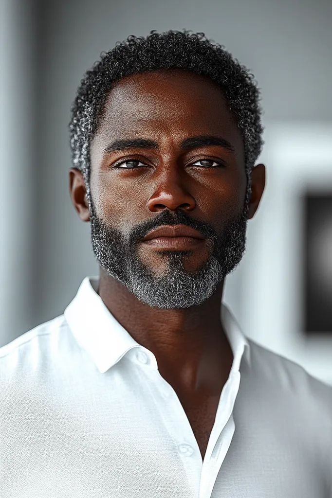 A Black man with short, curly hair, a graying beard, and dark eyes gazes intently at the camera. He is wearing a crisp, white button-down shirt. The lighting is soft, highlighting his features and creating a sense of calm determination. The background is blurred, focusing attention on the subject's expression and presence.