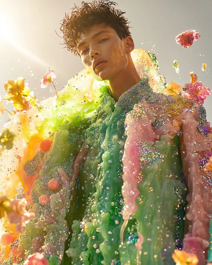 A young man with dark hair and a serious expression is standing in a field of colorful flowers. The man is covered in a shimmering, green, pink, and yellow substance that appears to be made of wax or slime. The light is shining through the substance, creating a beautiful and ethereal effect.  The image has a dreamy and whimsical feel.