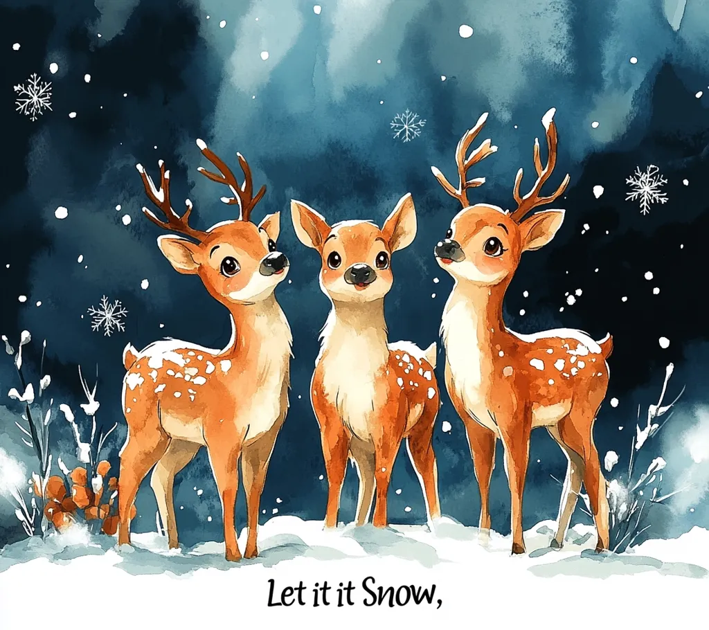 Three adorable deer stand in a snowy forest, their brown fur speckled with white spots. Their large, expressive eyes gaze upwards as snow gently falls around them. The image is painted in a soft, watercolor style, creating a whimsical and charming atmosphere. The caption "Let it Snow" adds to the festive feel of the scene.