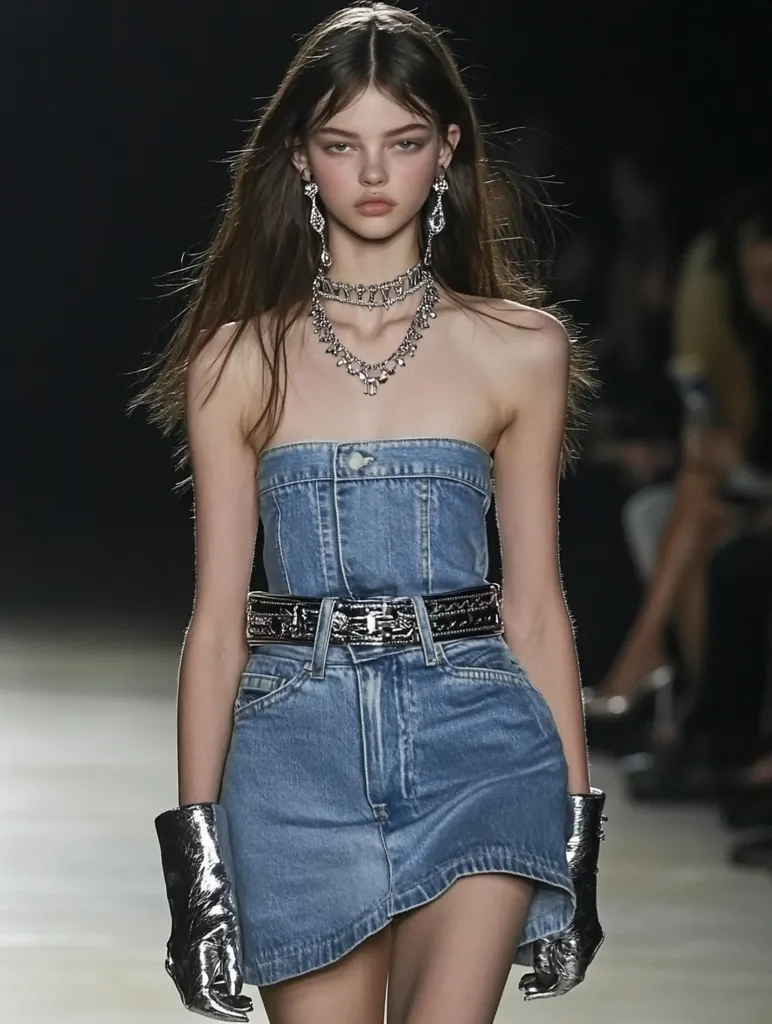 A young woman with long dark hair is wearing a denim mini dress with a silver belt and silver jewelry. She is also wearing silver gloves. She is looking ahead with a serious expression. Her makeup is simple and natural. The photo is taken from the waist up, and she is in the center of the frame. The background is out of focus, but it appears to be a runway.