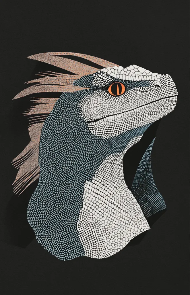 The image is a digital illustration of a lizard-like creature with a pointed snout and a single, orange eye. The creature's skin is made up of small, repeating patterns of circles in shades of blue, grey, and white. The creature's head is tilted upwards, and it appears to be looking towards the right side of the image. The background is a solid black. The image is a close-up and only shows the head and part of the neck of the creature.