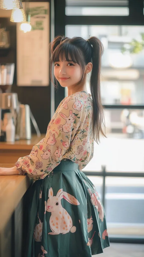 A young woman with long black hair in pigtails is standing in a cafe. She is wearing a light-colored blouse with a rabbit pattern and a dark green skirt with a white rabbit print. She is leaning on a wooden counter and has a pleasant expression on her face. The cafe is softly lit and has a warm atmosphere.