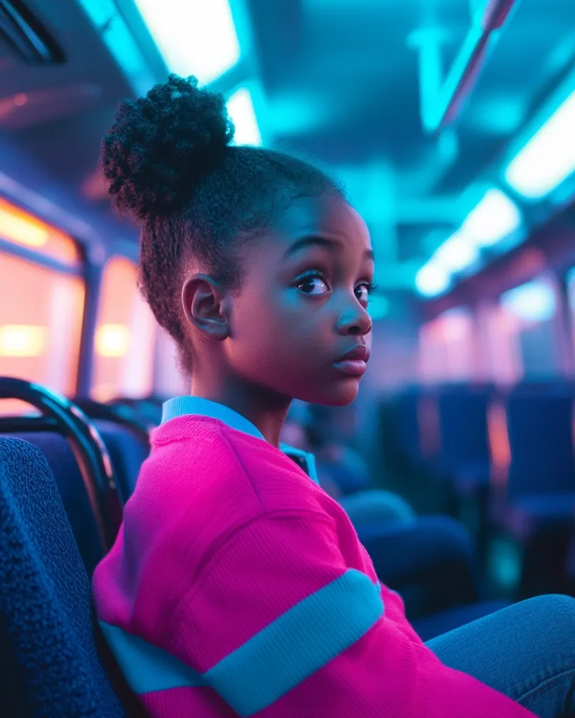 A young girl with dark skin and dark hair pulled back in a bun sits on a bus. She wears a pink sweater with blue stripes and blue jeans. Her gaze is directed to the right of the frame, her expression thoughtful.  Neon lights bathe the bus in vibrant blue and pink hues. The image captures a moment of quiet contemplation in a bustling public space.