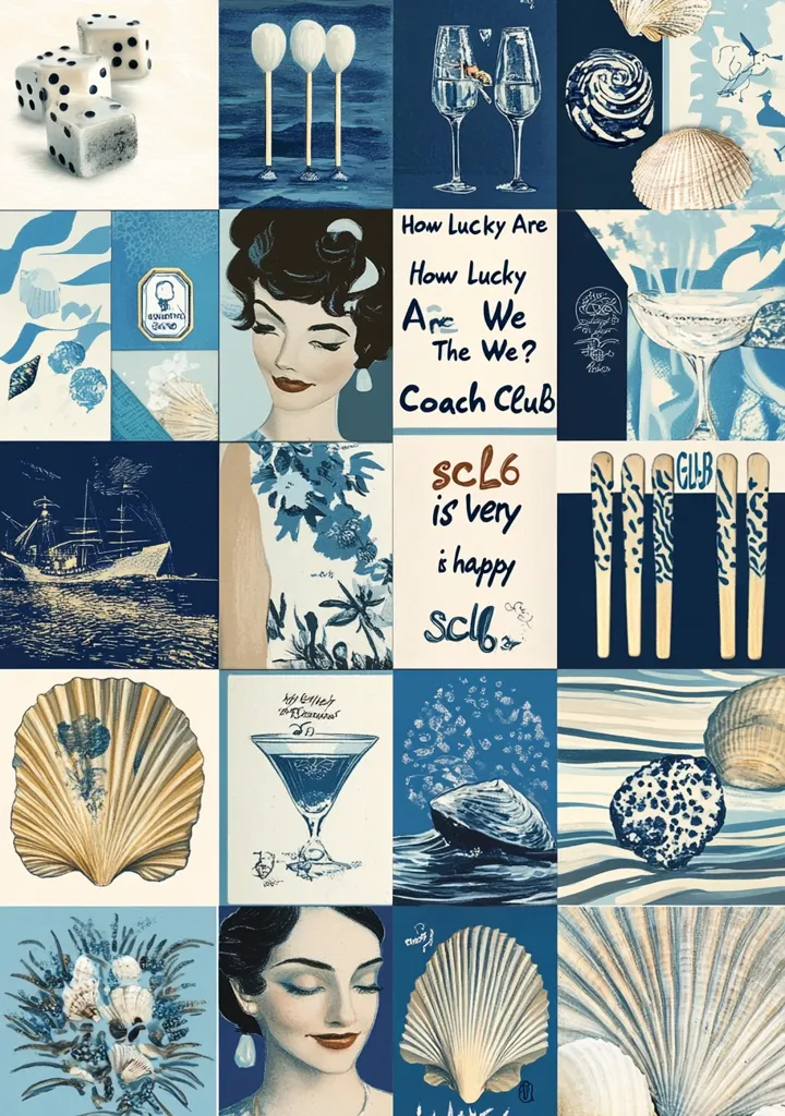 A collage of images in a blue and white color scheme. The collage features a variety of images, including women, seashells, drinks, and the words "How Lucky Are We The We? Coach Club." The overall theme of the collage is a celebration of life and happiness.