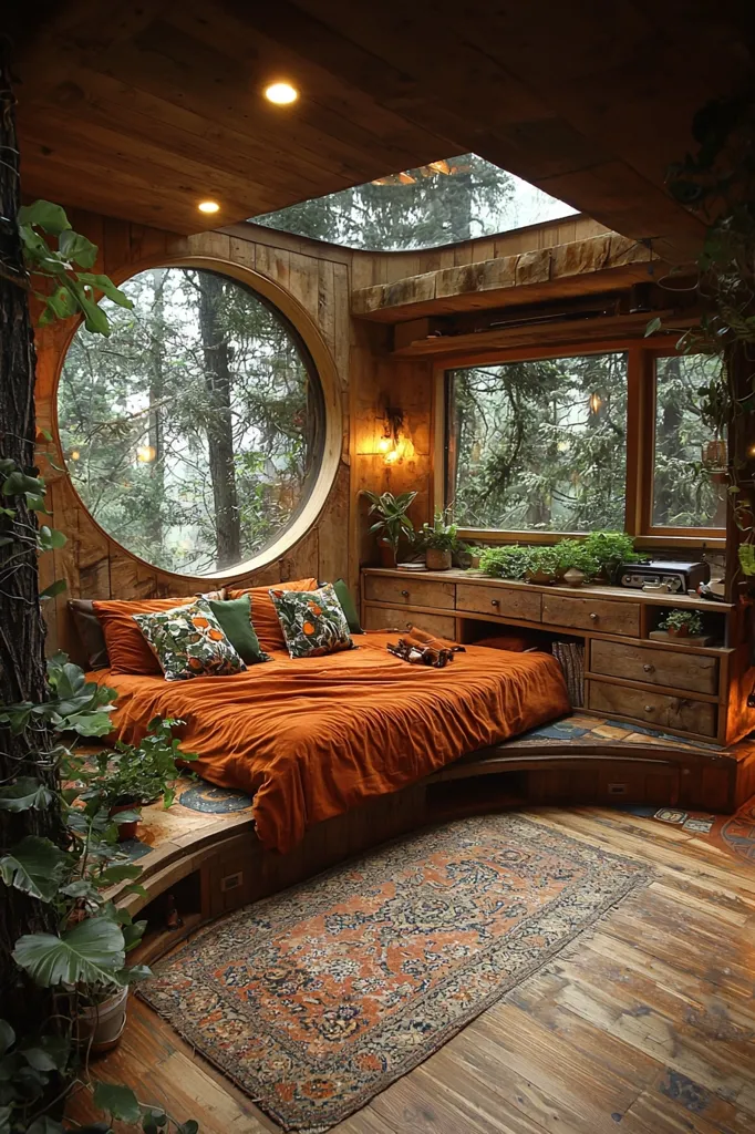 A cozy, rustic bedroom with a large circular window overlooking a lush forest. The bed is made with orange linens and decorated with throw pillows. The room is filled with natural light from the window and a skylight. A wooden dresser with drawers sits beside the bed. An ornate rug covers the wooden floor. The whole room is decorated in a warm and inviting style.