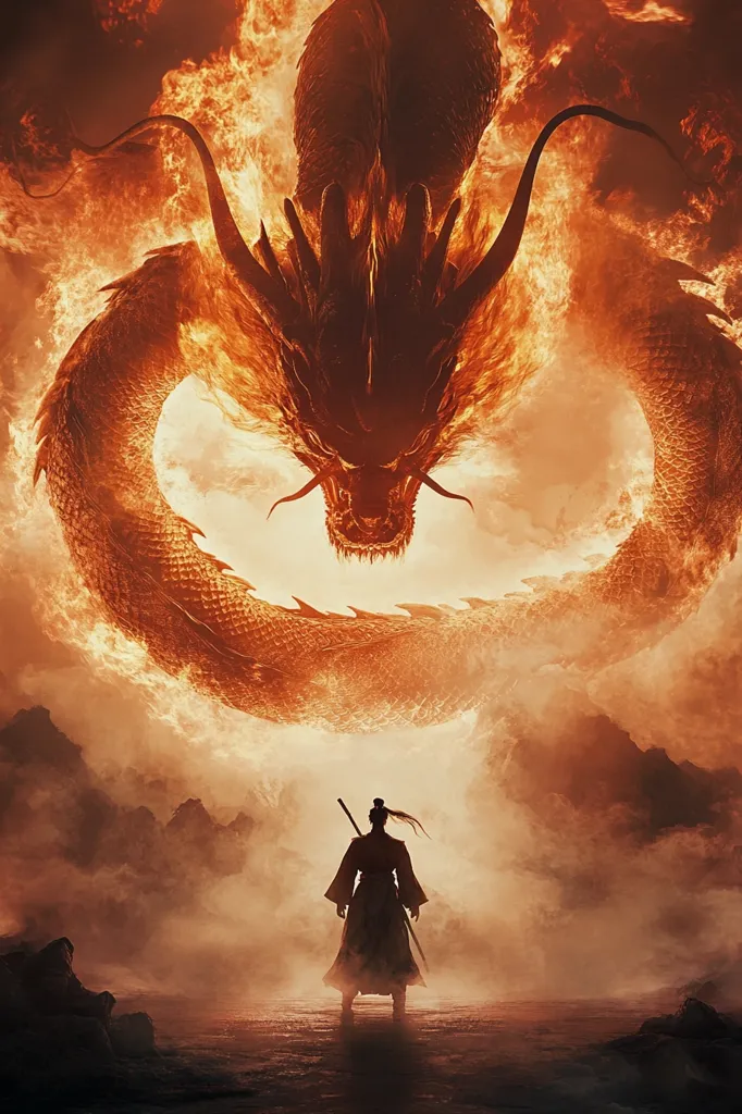 A fiery dragon, engulfed in flames, looms over a lone warrior standing with a sword in hand. The warrior stands in a hazy, mountainous landscape, his silhouette stark against the inferno. The dragon's fierce gaze and the warrior's unwavering stance create a sense of impending confrontation. The image evokes themes of courage, conflict, and the clash of nature and human will.