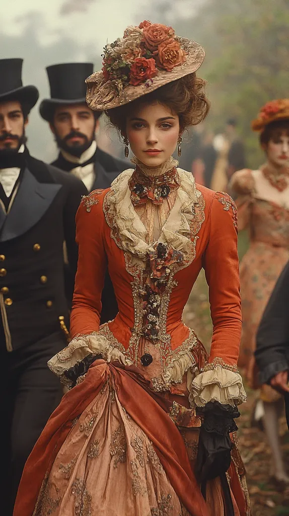 A woman in a stunning, intricately-designed orange dress and a large, floral hat stands amidst a group of people. Her dress features ornate lace, embroidery, and a cinched waist, highlighting her elegant figure. Her face is soft and delicate, framed by a cascade of brown hair. The woman exudes an air of grace and refined beauty, captivating the viewer with her poise and timeless elegance.
