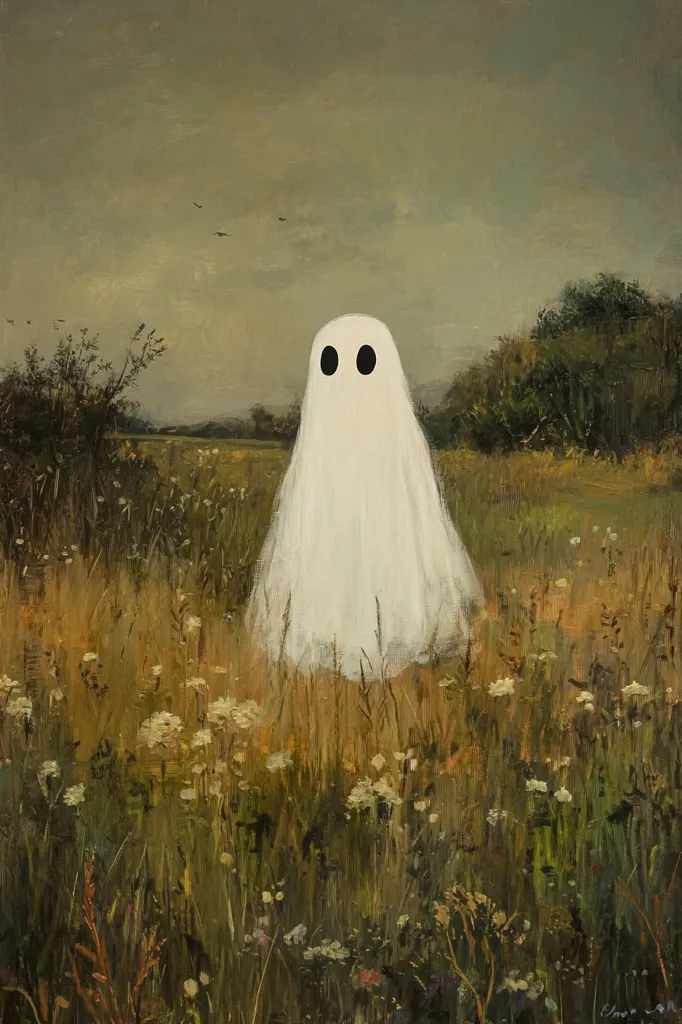 The painting depicts a white ghost with two black eyes standing in a field of tall grass and wildflowers. The sky is overcast and grey, giving the scene a somber and eerie atmosphere. The ghost's presence creates a sense of mystery and haunting, while the natural setting adds a touch of beauty and tranquility. The artist uses soft brushstrokes and muted colors to create a dreamlike quality, enhancing the ethereal nature of the subject.