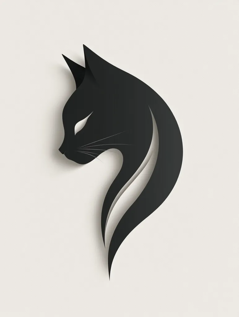 The image depicts a black cat silhouette, with a stylized, flowing design. The cat's head is in profile, with a sharp, angled ear and a single, closed eye. The body curves downward in a graceful, abstract shape. The image is set against a white background, creating a strong contrast. The silhouette appears to be made of paper, with a slight dimensional quality. The overall impression is of a graceful and elegant animal.