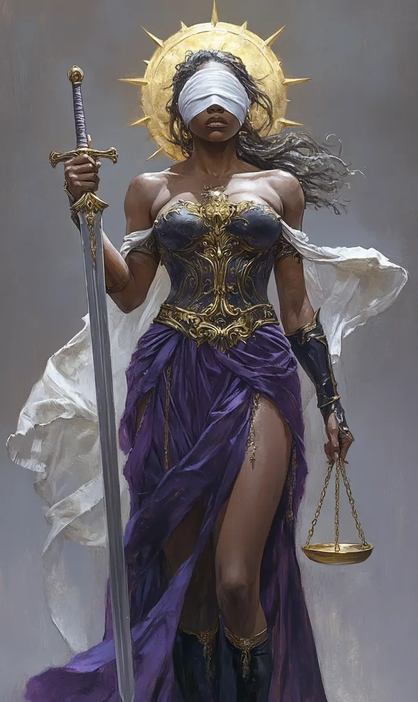 The image depicts a woman dressed in flowing purple robes, holding a sword in one hand and a scale of justice in the other. She wears a blindfold and a golden crown, symbolizing justice and impartiality. Her pose is regal and powerful, conveying the strength and authority of the law. The image is likely a representation of Lady Justice, a symbol of the legal system.