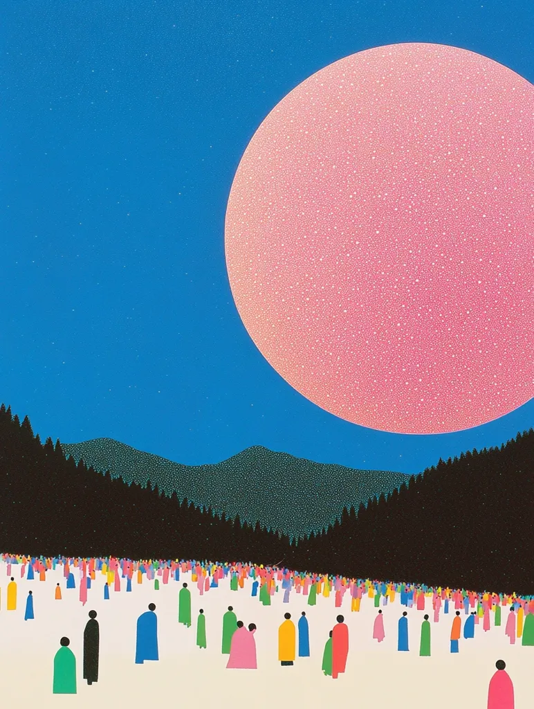 The image depicts a large, pink moon-like orb in a blue sky above a dark, forested landscape. A crowd of colorful, human figures stand on the white snow in the foreground, their small sizes contrasting the immense scale of the sky and the moon. The scene has a whimsical, surreal quality, suggesting a dreamlike or fantastical world.