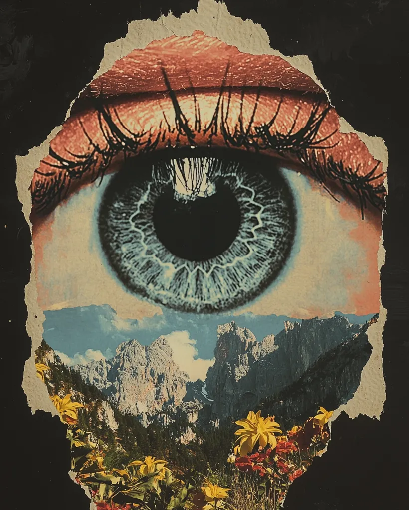 A large eye, with a blue iris and black pupil, is the focal point of the image. The eye is surrounded by a torn piece of paper, revealing a landscape of mountains and wildflowers. The colors are muted and the image has a vintage feel. The image suggests a sense of wonder and exploration, as if the eye is looking out at a new and exciting world.