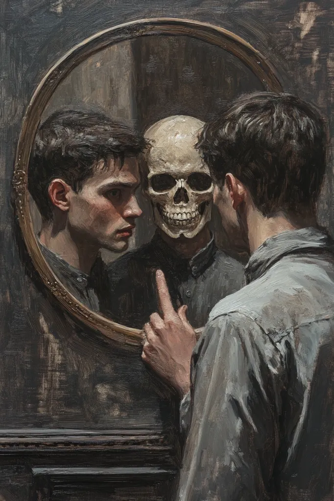 The painting depicts a man looking into a mirror. He is confronted with his own mortality, as a skull is reflected back at him. The man's face is etched with a mixture of fear and resignation, while the skull stares back with an unnerving blankness. The dark background and muted colors enhance the painting's somber mood, leaving the viewer to ponder the fleeting nature of life.  The image is a powerful reminder of our own mortality.