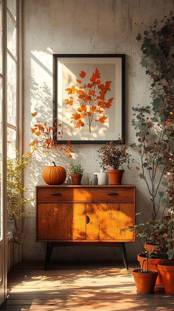 A wooden cabinet with two doors sits in a sunlit room. A pumpkin sits on top of the cabinet, and potted plants are scattered around the room. A framed print of a branch with orange leaves hangs on the wall, adding a touch of autumnal decor. The warm sunlight creates a cozy and inviting atmosphere.