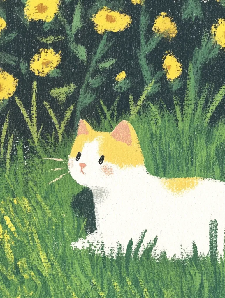 The image depicts a white cat with yellow patches, sitting in a field of tall green grass. The cat's head is tilted slightly, as if listening to something. In the background, there are a few blurred yellow flowers, adding a splash of color to the scene. The image is painted with a soft, almost pastel-like style, giving it a whimsical and charming feel.