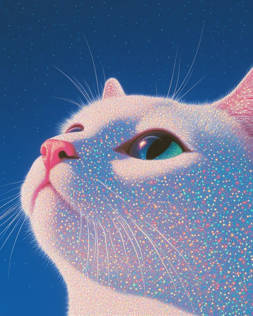 A close-up of a white cat's face, covered in iridescent glitter, looking up at a starry blue sky. The cat's eye is visible, reflecting the light of the stars. The image has a dreamy, magical quality, making the cat seem otherworldly.  The image is likely a digital illustration or a photograph with a digital overlay.