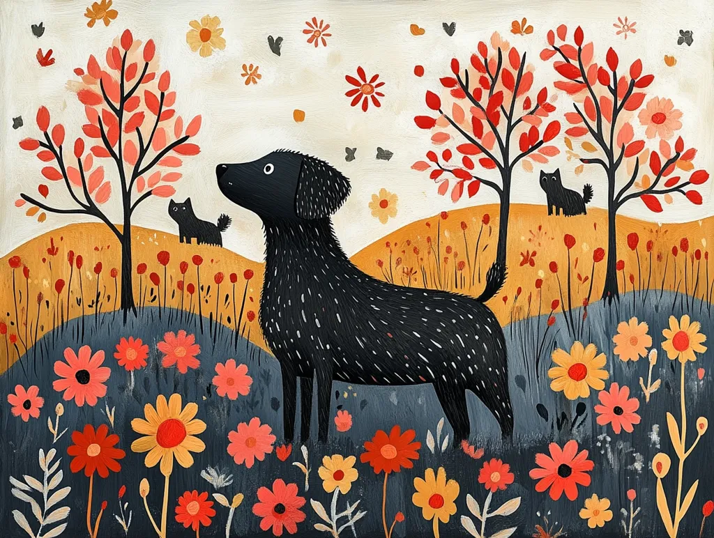 A black dog stands in a field of red, orange, and yellow flowers, looking towards the right. A small black cat sits in the grass behind it. Two trees with red leaves stand in the background. The painting has a whimsical, cartoonish style.