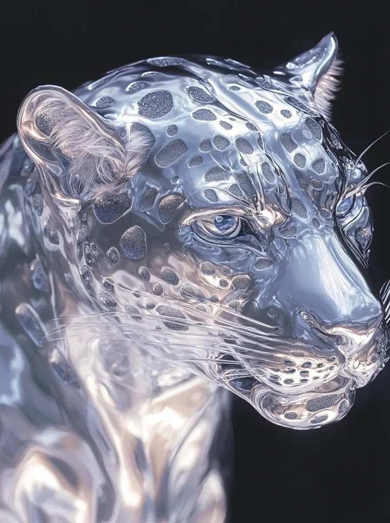 A close-up of a silver, metallic leopard with a sleek and smooth texture. The leopard's spots are clearly defined, and its eye is a deep blue, creating a striking contrast. The image captures a sense of power and elegance. The lighting highlights the metallic surface, giving it a shiny and reflective quality. The dark background emphasizes the subject, making it stand out even more.