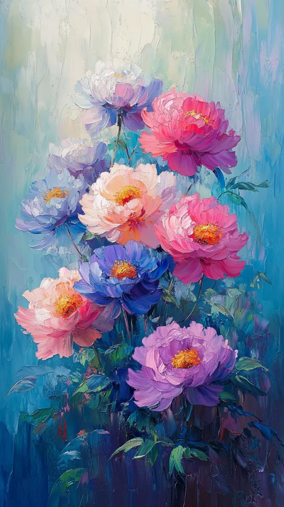 A vibrant oil painting depicts a bouquet of peonies in various shades of pink, purple, and blue against a blue and green background. The flowers are clustered together, creating a sense of depth and dimension.  The artist's brushstrokes are visible, adding a textured quality to the painting. The light shines through the petals, highlighting their delicate beauty. The painting evokes a sense of beauty and tranquility.