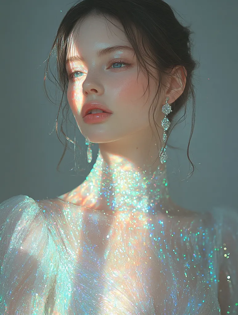 full body shot，pearl fluorescence，The iridescent glow of oysters, mermaid shine，shinning crystal，Fashion photography，light and shadow，A fashion poster，a model waking in runway，The slim dress is adorned with Colored gemstone，large area blank，clean background, --sref https://s.mj.run/BX7Y7gMrFo0 --v 6.1 --s 750 --ar 3:4