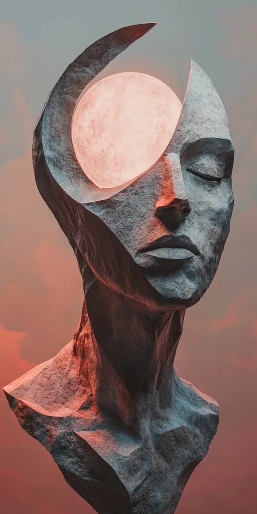 A close-up of a stone sculpture of a human head, its face turned to the side. The sculpture is designed with a crescent moon shape that appears to be embracing a glowing orb, perhaps a full moon, directly above its eyes. The sculpture's features are angular and defined, with a sense of both strength and vulnerability. The background is a soft, blurred gradient of pink and blue, suggesting a sky or a sunset.  The image evokes themes of celestial wonder, contemplation, and the beauty of human form.