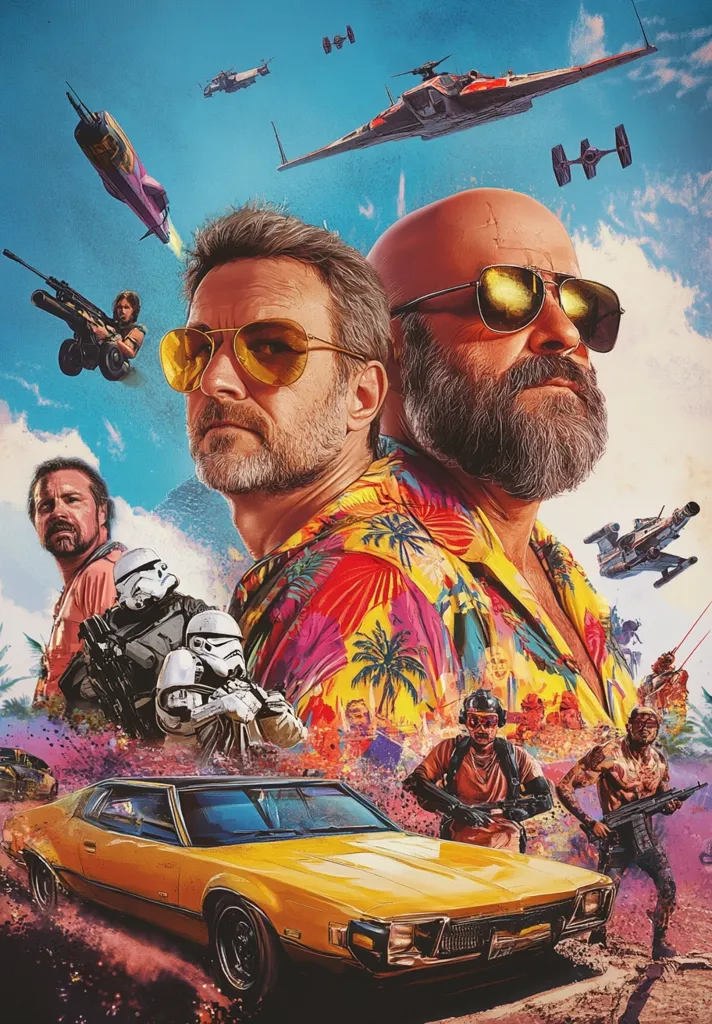 The image is a vibrant and chaotic scene featuring two men, one in a Hawaiian shirt and sunglasses, the other with a beard and sunglasses, as the central figures. They are surrounded by various objects including a yellow car, stormtroopers, spaceships, and other characters. The background is a colorful sky with clouds, suggesting a fantastical or futuristic setting.  The overall composition creates a sense of adventure and excitement.