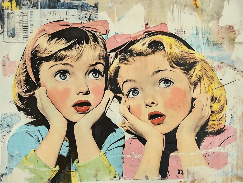 The image depicts two young girls with blonde hair. They are both wearing pink ribbons and have their hands on their cheeks. The girl on the left is wearing a blue sweater and the girl on the right is wearing a pink sweater. The girls have a surprised expression on their faces, and they are looking at something off-camera. The background is a faded, textured wall. The overall style of the image is retro and whimsical.