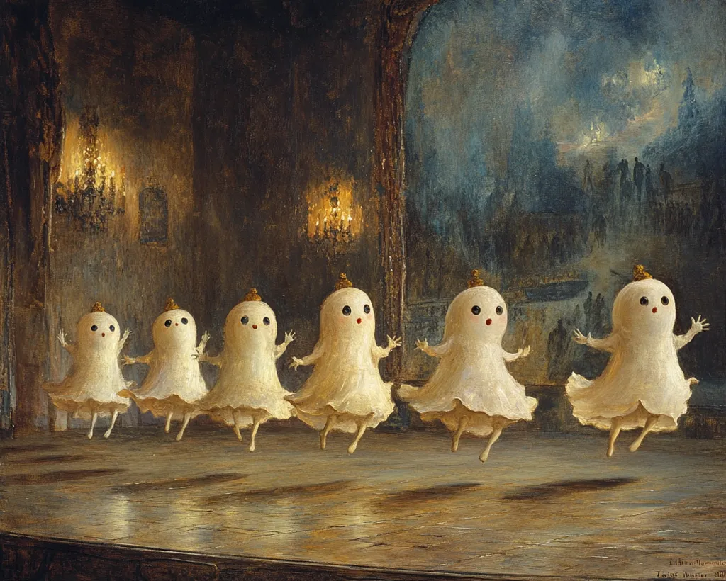 The painting depicts five ghostly figures in white dresses, floating and performing a dance on a wooden stage. The stage is bathed in a soft, warm light, while the background features a large window overlooking a foggy, nighttime cityscape. The ghostly dancers have large, expressive eyes and appear to be engaged in a whimsical, otherworldly ballet. The overall tone of the painting is dreamlike and ethereal, with a touch of the macabre.