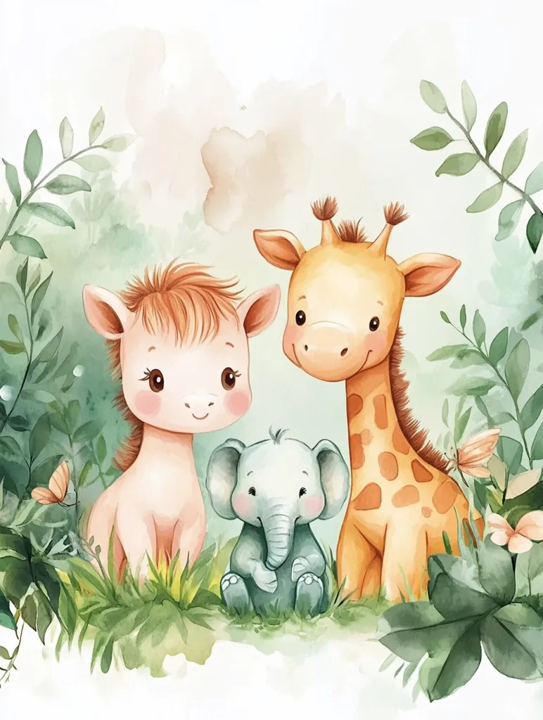 A cute giraffe, horse, and elephant stand together in a watercolor painting. They are surrounded by green leaves and flowers. The animals have big, innocent eyes, and the giraffe has a gentle smile. The overall feel of the image is one of peace and tranquility.