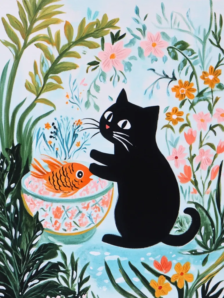 The painting depicts a black cat sitting on a light blue background surrounded by flowers and foliage. It is looking at a goldfish swimming in a bowl with pink and green designs. The cat is rendered in a simple, almost cartoon-like style, while the flowers are detailed and vibrant. The overall effect is whimsical and playful.
