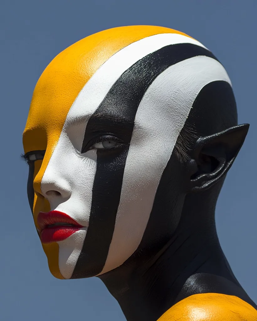 The image shows a person with their face painted in bold black, white, and yellow stripes. They have a pointed ear and a strong jawline, giving them a slightly alien look. The background is a clear blue sky. The makeup is striking and draws attention to the person's features, creating a visually impactful image.