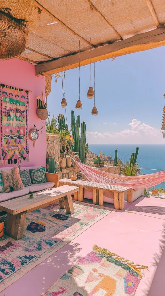 A cozy outdoor patio with a pink wall, a wooden table and bench, and a hammock. The patio overlooks the ocean with a clear blue sky and fluffy white clouds. The patio is decorated with colorful rugs and pillows, adding a touch of whimsy to the space.  A large cactus plant is seen in the corner.